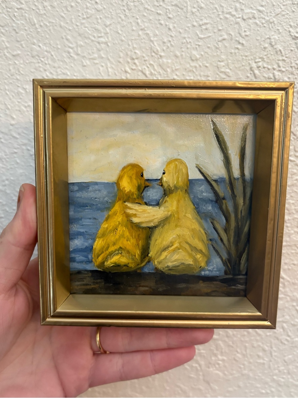 "Together #1” Original oil painting on wood board mini framed 4x4"